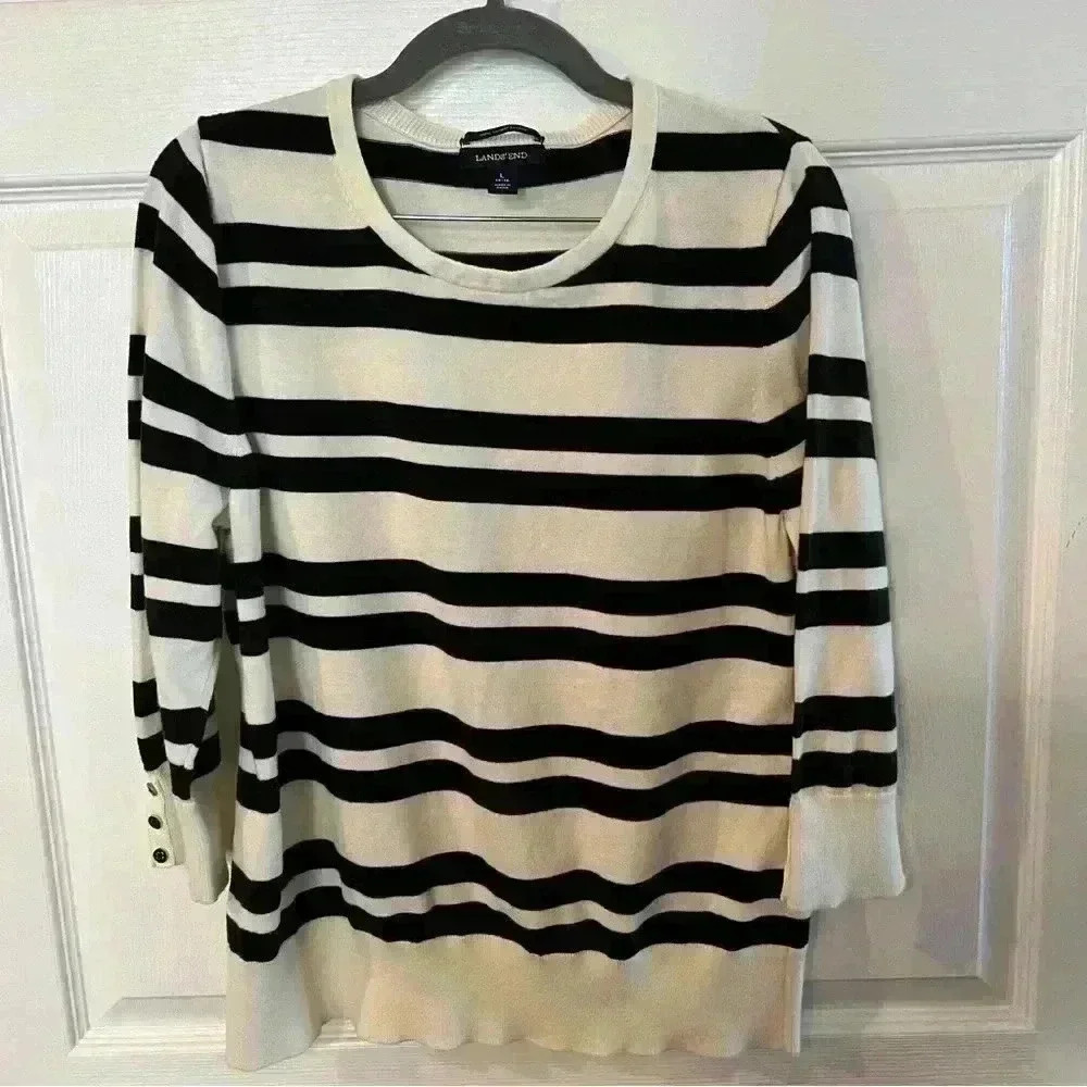 Lands End 100% Supina Cotton Long Sleeved Sweater Black and White Stripes Size L